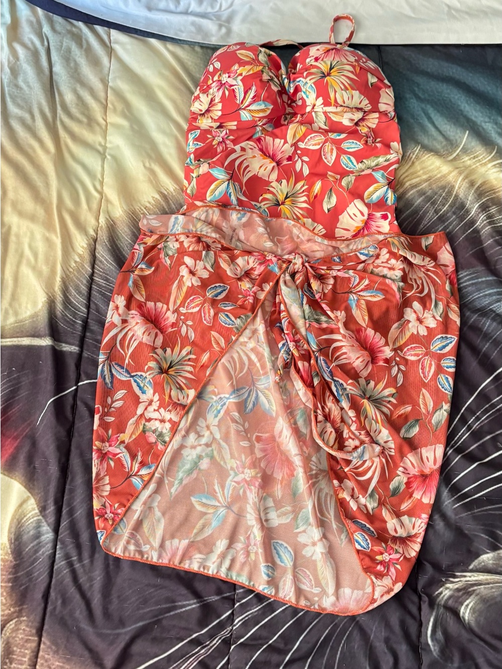 Catherine Malandrino Coral Floral One-Piece Swim Dress with Wrap Skirt